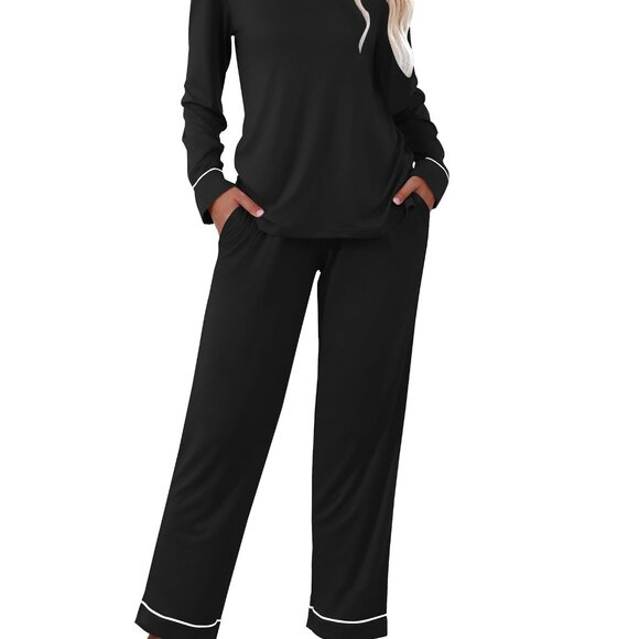 Soft V-Neck Pajama Set Long Sleeve Lounge Wear with Pockets Classic